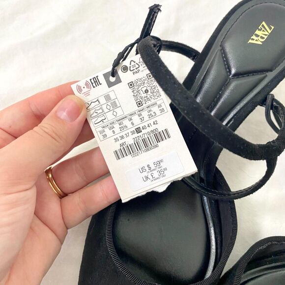 NWT Zara Vampy Black Faux Suede Slingback Gold Kitten High Heels US 8 - Picture 7 of 8